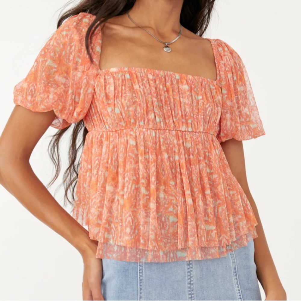 NWOT-Free People Penelope Tee Peach Combo Square Neck Blouse - Picture 13 of 16